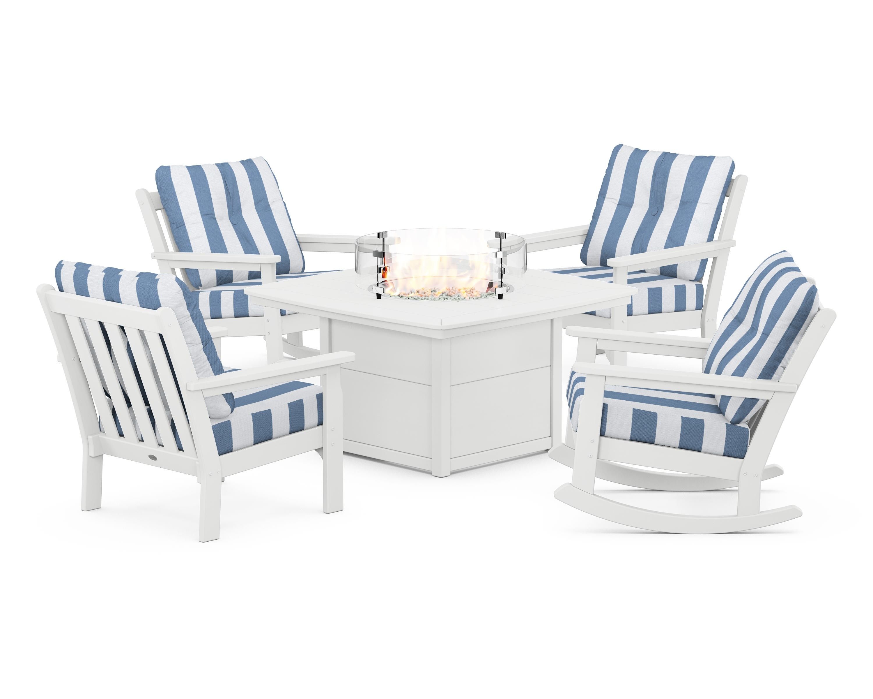 POLYWOOD® Vineyard 5-Piece Deep Seating Rocking Chair Conversation Set with Fire Pit Table in White / Cabana Stripe Sky Blue