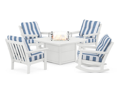 POLYWOOD® Vineyard 5-Piece Deep Seating Rocking Chair Conversation Set with Fire Pit Table in White / Cabana Stripe Sky Blue
