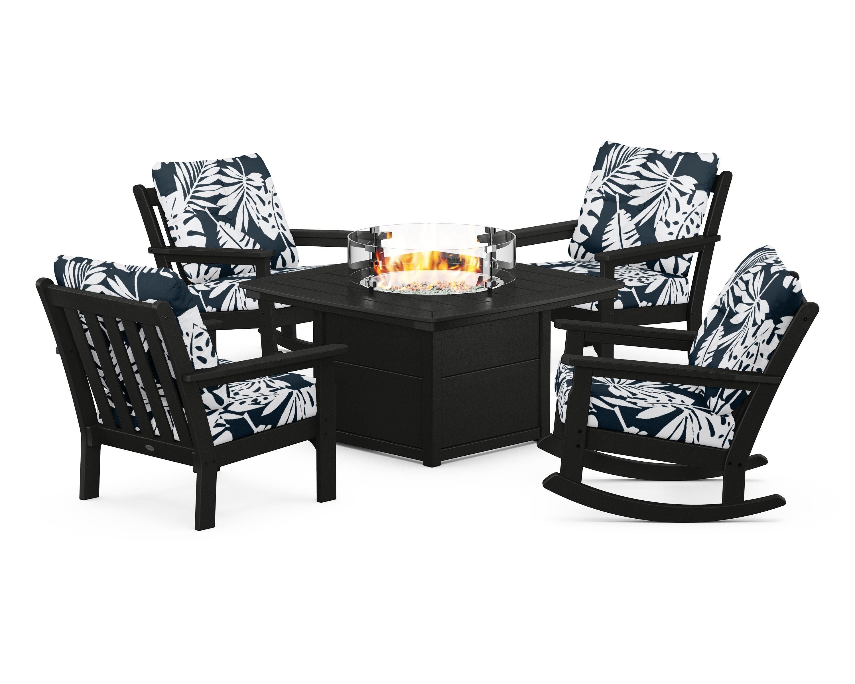 POLYWOOD® Vineyard 5-Piece Deep Seating Rocking Chair Conversation Set with Fire Pit Table in Black / Leaf Marine Indigo