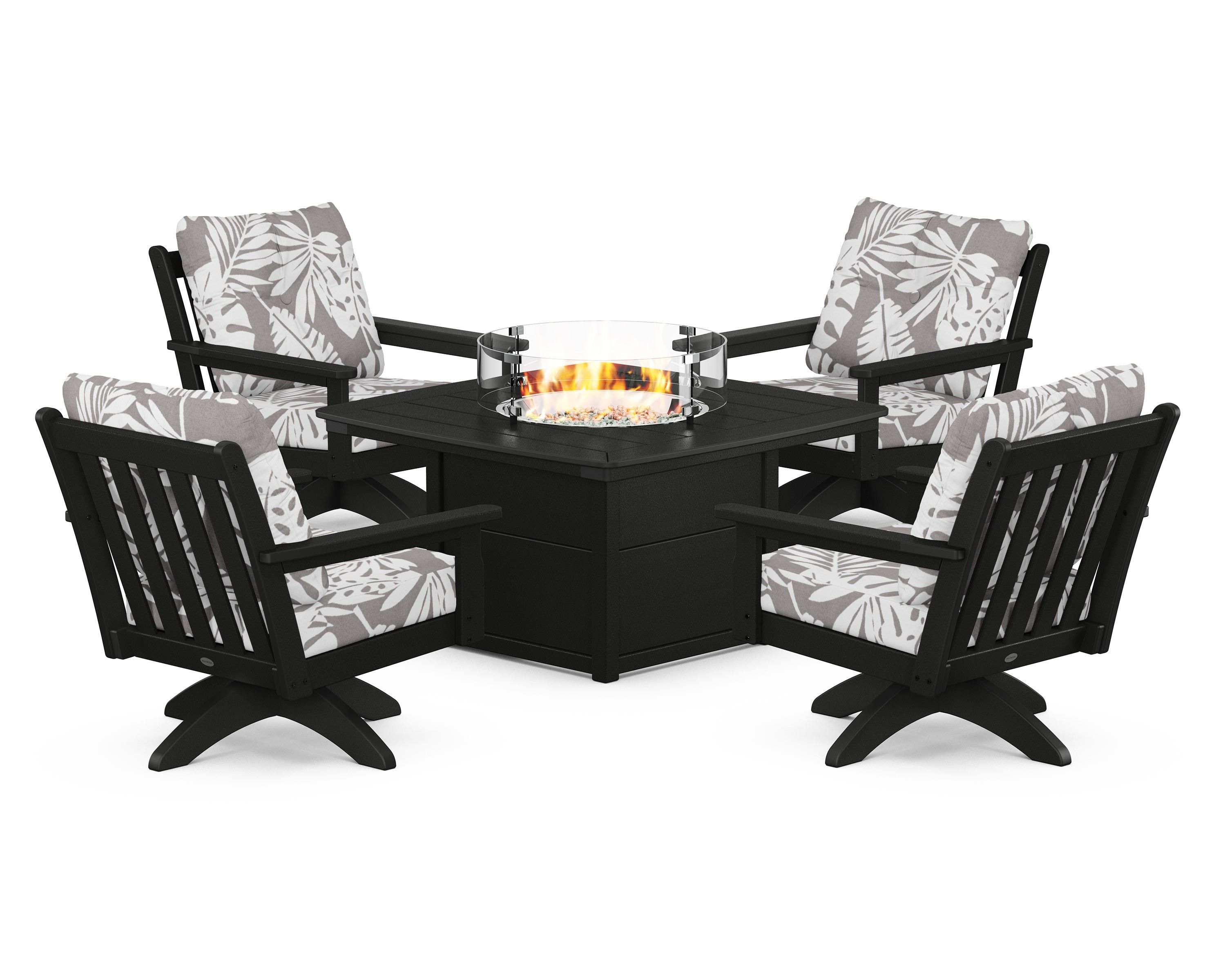POLYWOOD® Vineyard 5-Piece Deep Seating Swivel Conversation Set with Fire Pit Table in Black / Leaf Grey Mist