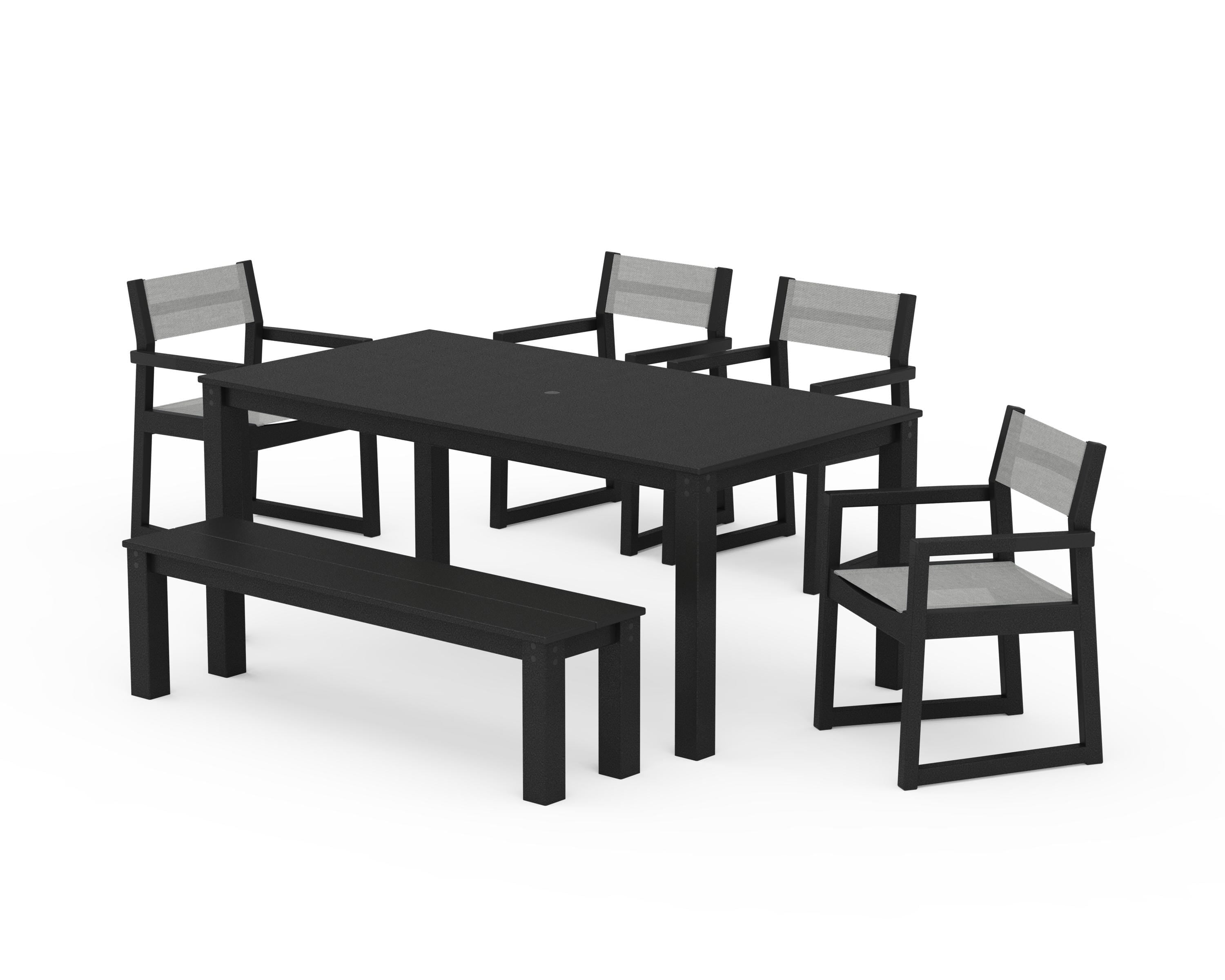 POLYWOOD® EDGE Sling Arm Chair 6-Piece Parsons Dining Set with Bench in Black / Metallic Sling