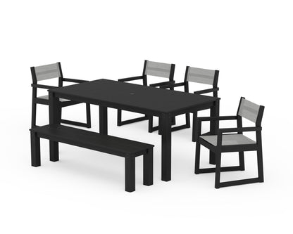 POLYWOOD® EDGE Sling Arm Chair 6-Piece Parsons Dining Set with Bench in Black / Metallic Sling