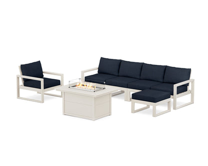 POLYWOOD® EDGE Sectional Lounge and Fire Pit Set in Sand / Marine Indigo