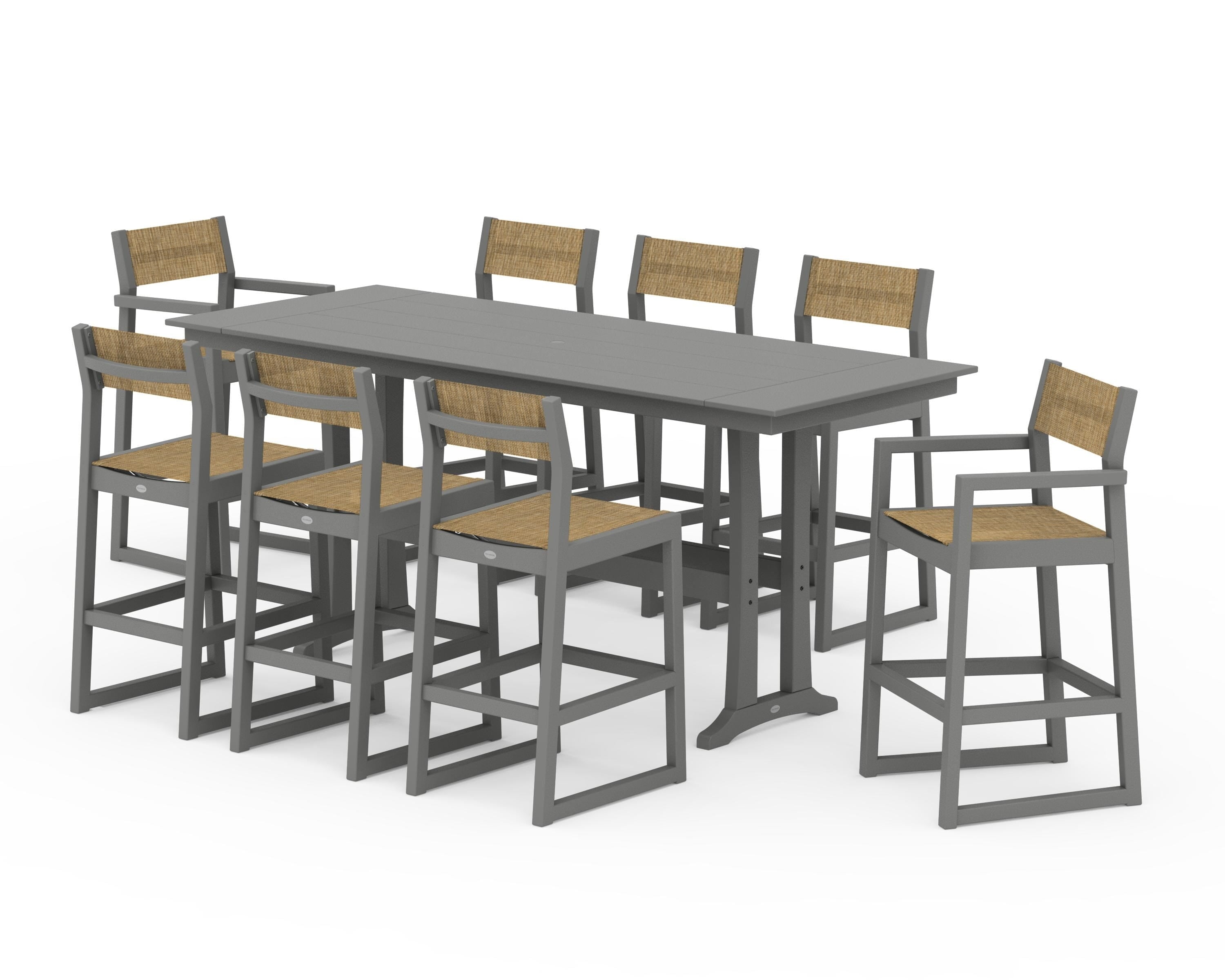 POLYWOOD® EDGE Sling 9-Piece Farmhouse Bar Set with Trestle Legs in Slate Grey / Burlap Sling