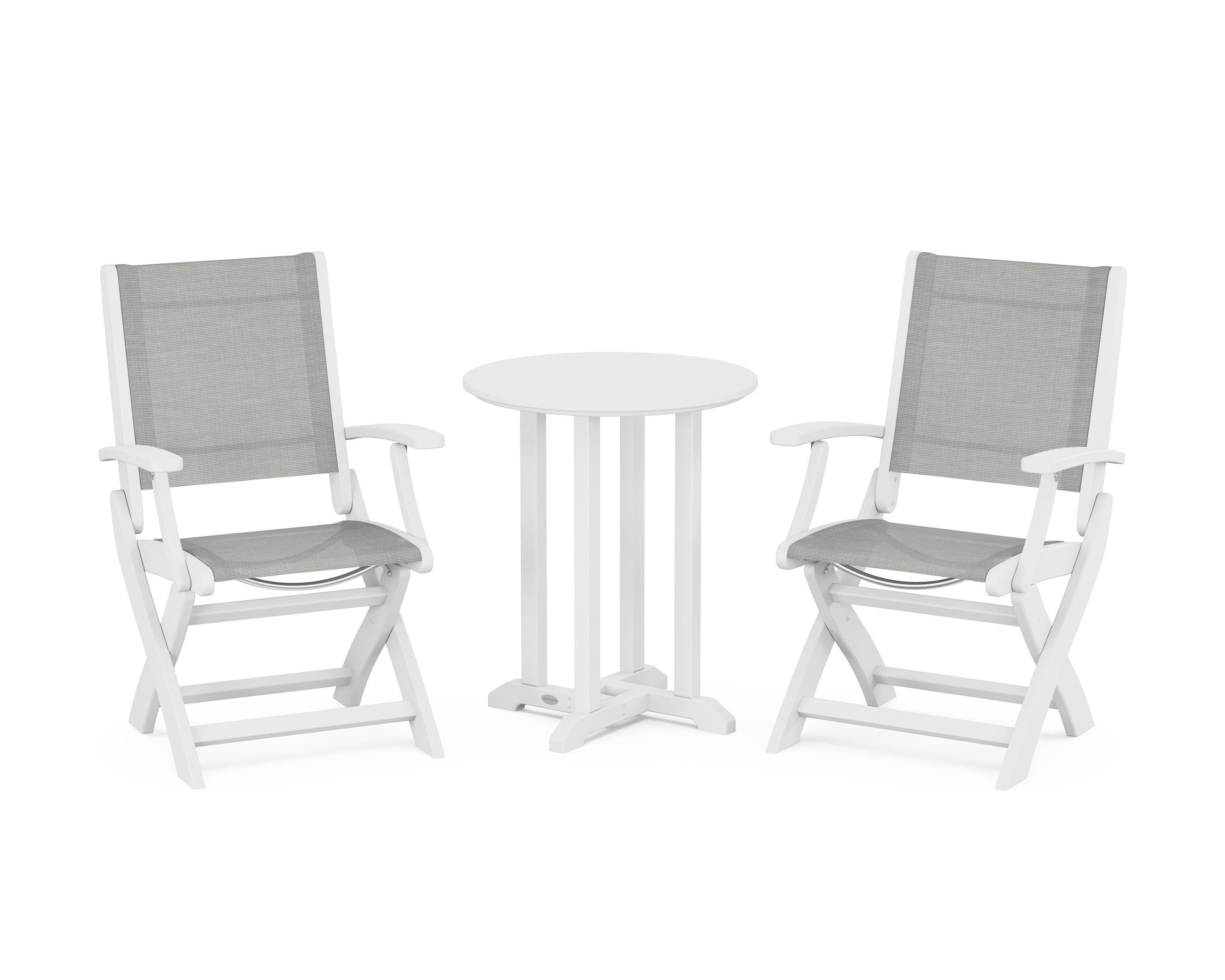 POLYWOOD® Coastal Folding 3-Piece Round Bistro Dining Set in White / Metallic Sling