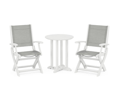 POLYWOOD® Coastal Folding 3-Piece Round Bistro Dining Set in White / Metallic Sling
