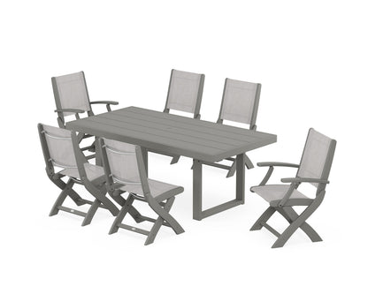 POLYWOOD® Coastal Folding Chair 7-Piece Dining Set with Trestle Legs in Slate Grey / Parchment Sling