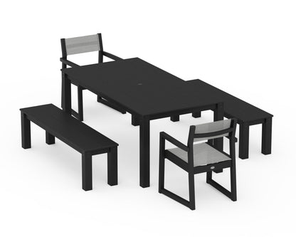 POLYWOOD® EDGE Sling Arm Chair 5-Piece Parsons Dining Set with Benches in Black / Metallic Sling