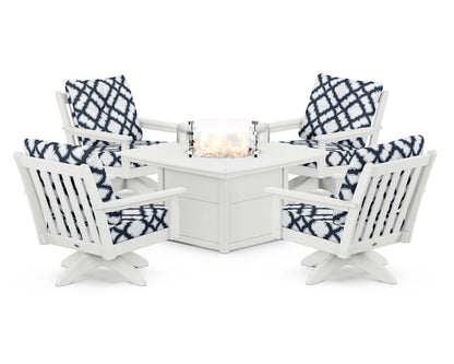 POLYWOOD® Vineyard 5-Piece Deep Seating Swivel Conversation Set with Fire Pit Table in White / Trellis Marine Indigo