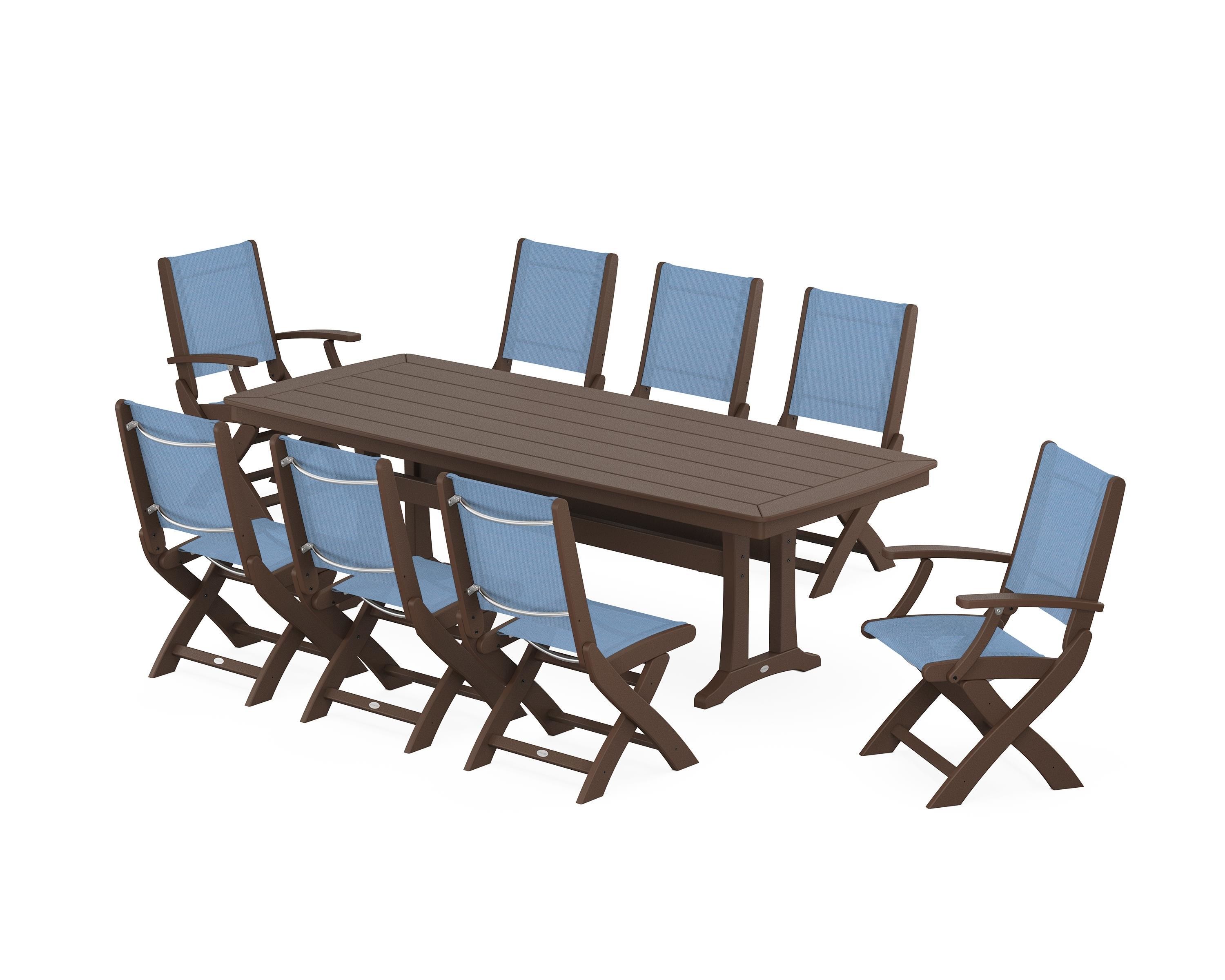 POLYWOOD® Coastal Folding 9-Piece Dining Set with Trestle Legs in Mahogany / Poolside Sling