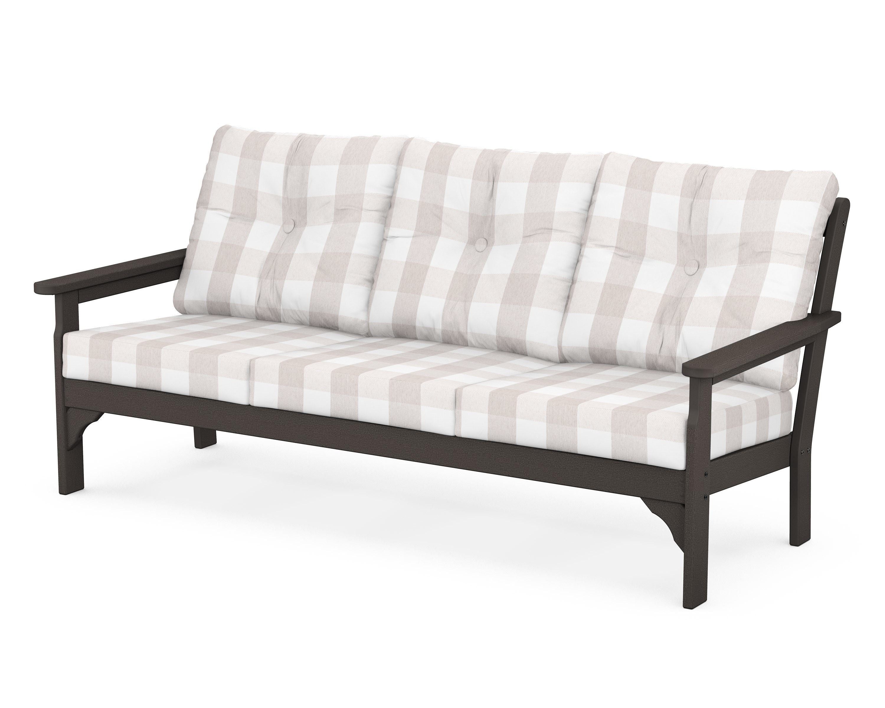POLYWOOD® Vineyard Deep Seating Sofa in Vintage Coffee / Buffalo Plaid Dune Burlap