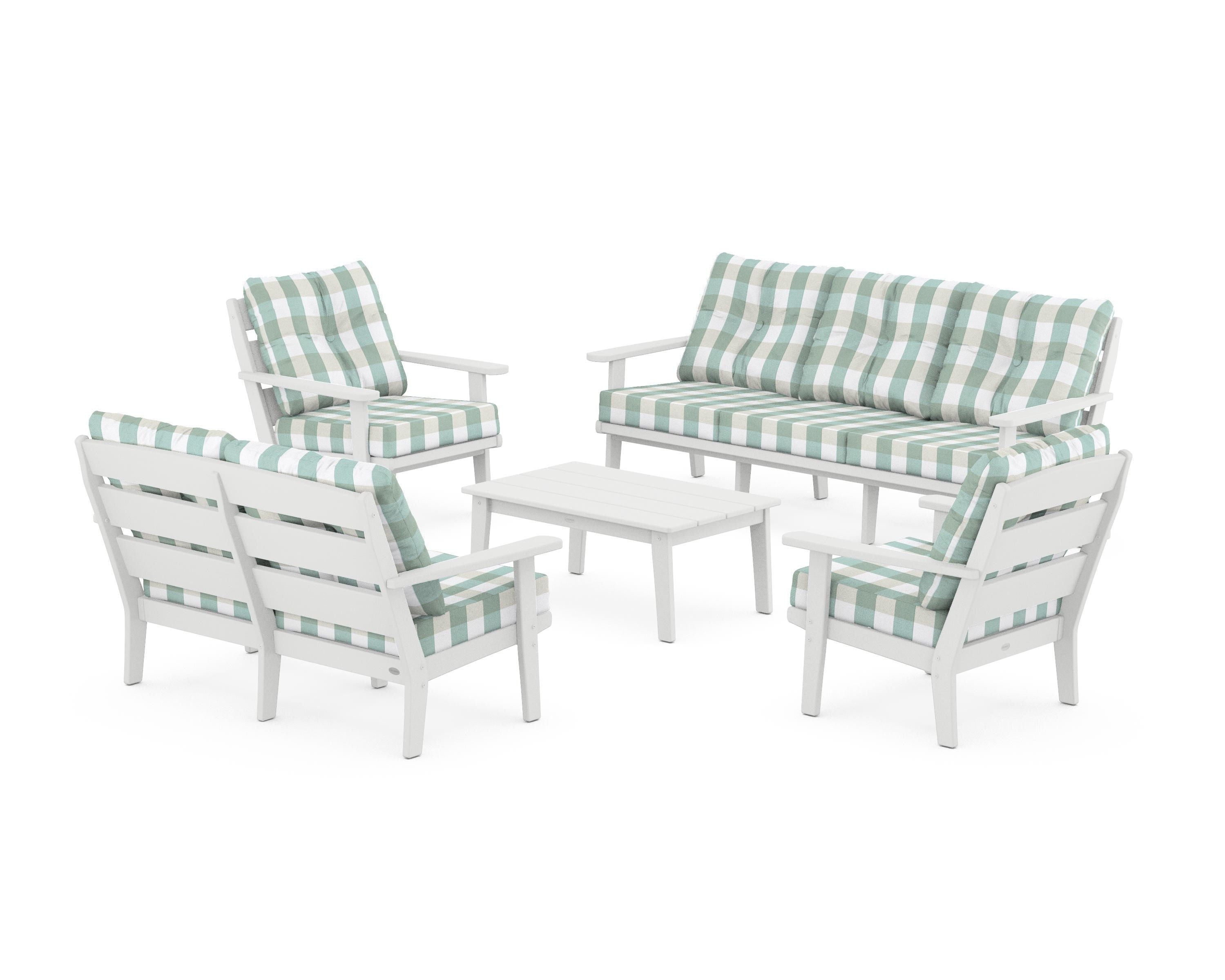 POLYWOOD® Lakeside 5-Piece Lounge Sofa Set in White / Buffalo Plaid Glacier Spa