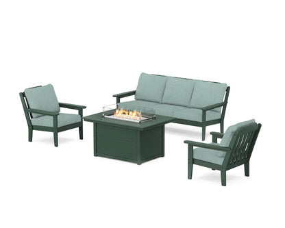 Country Living Cottage Deep Seating Fire Pit Table Set in Green / Glacier Spa