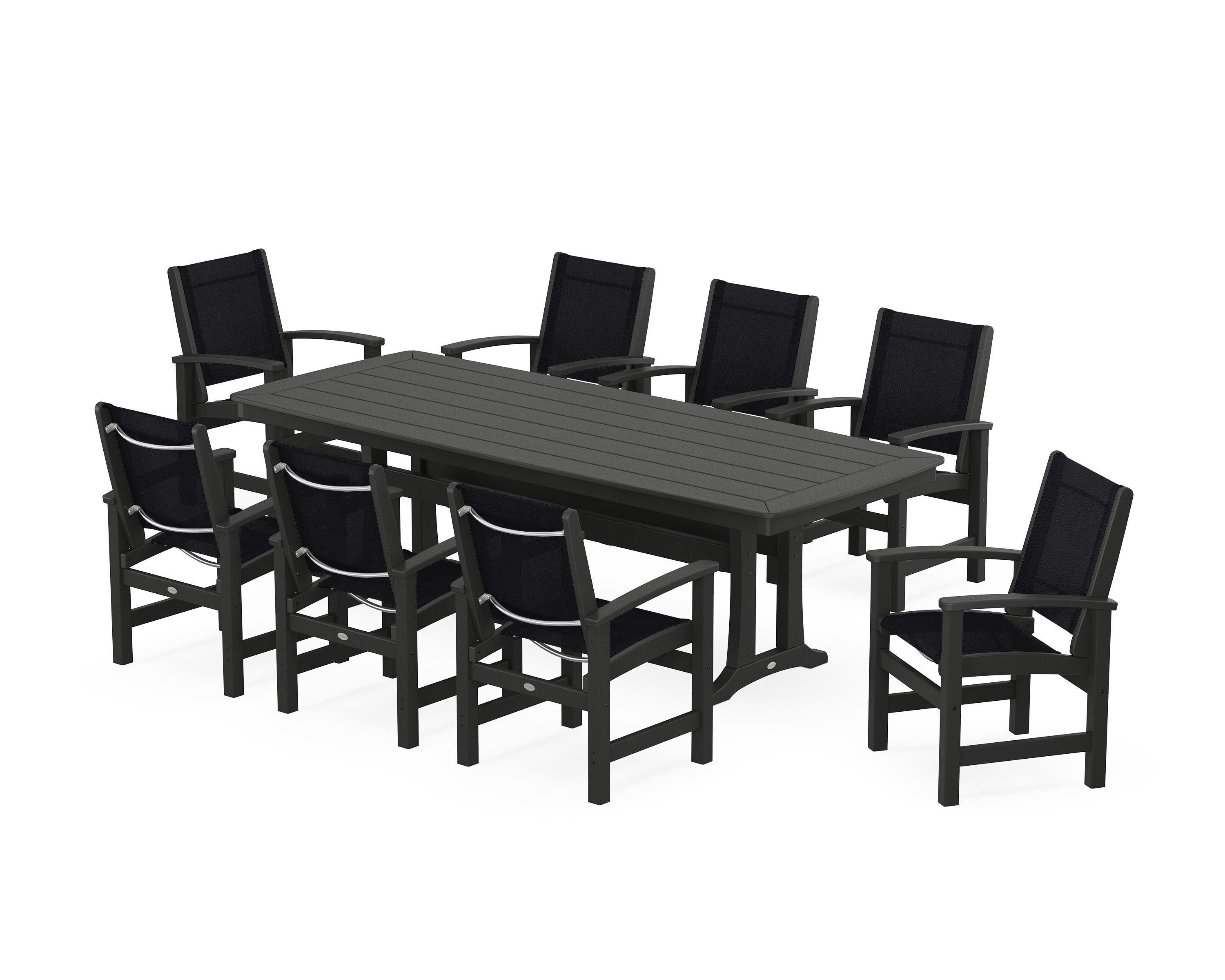 POLYWOOD® Coastal 9-Piece Dining Set with Trestle Legs in Black / Black Sling