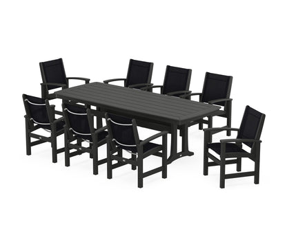 POLYWOOD® Coastal 9-Piece Dining Set with Trestle Legs in Black / Black Sling