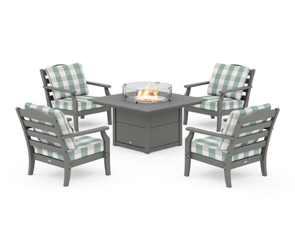 Draper James™ by  POLYWOOD® Savannah 5-Piece Deep Seating Set with Fire Pit Table in Slate Grey / Buffalo Plaid Glacier Spa