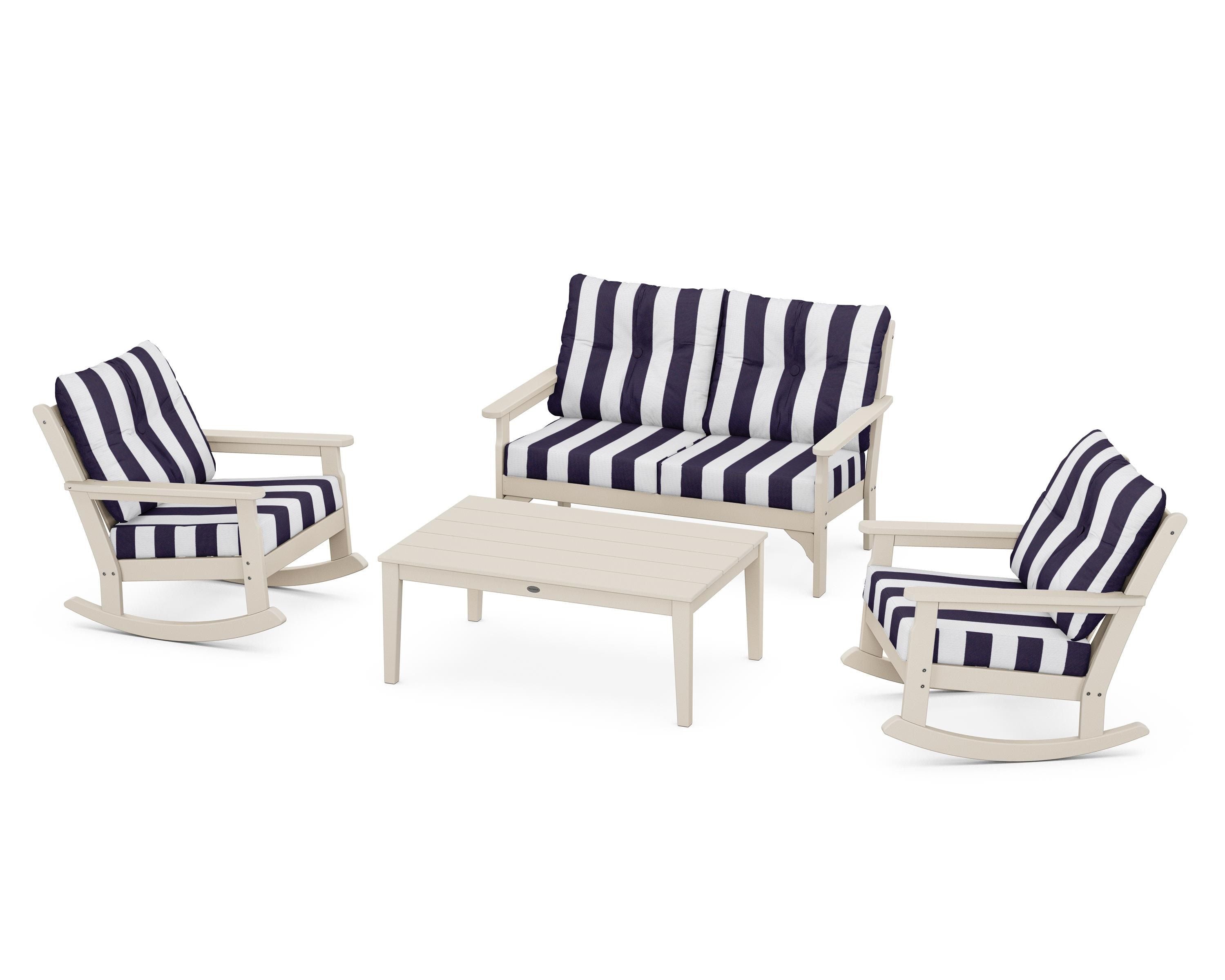POLYWOOD® Vineyard 4-Piece Deep Seating Rocking Chair Set in Sand / Cabana Stripe Navy