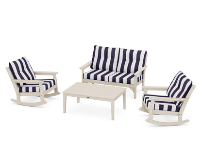POLYWOOD® Vineyard 4-Piece Deep Seating Rocking Chair Set in Sand / Cabana Stripe Navy