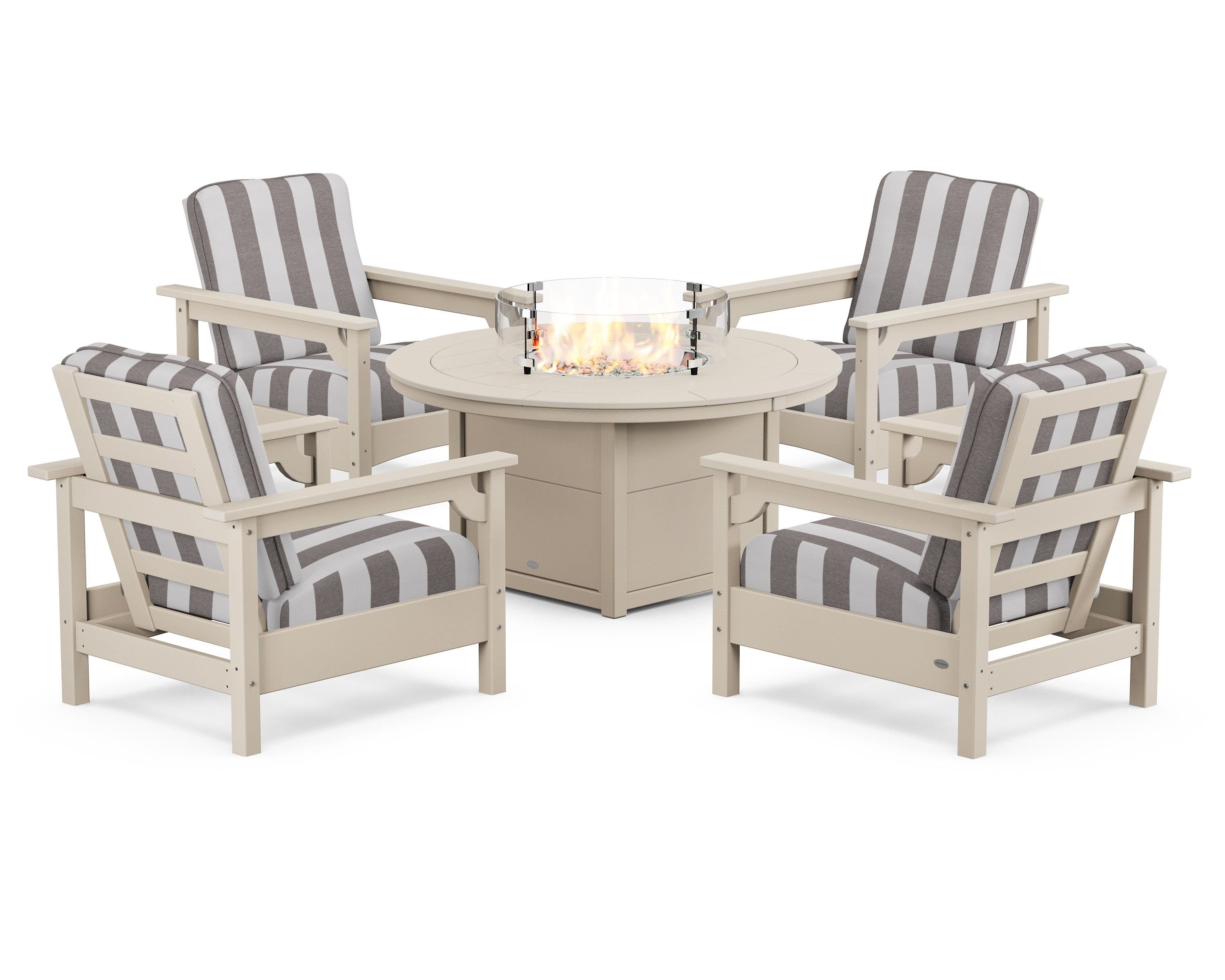 POLYWOOD® Club 5-Piece Conversation Set with Fire Pit Table in Sand / Cabana Stripe Grey Mist