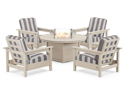 POLYWOOD® Club 5-Piece Conversation Set with Fire Pit Table in Sand / Cabana Stripe Grey Mist