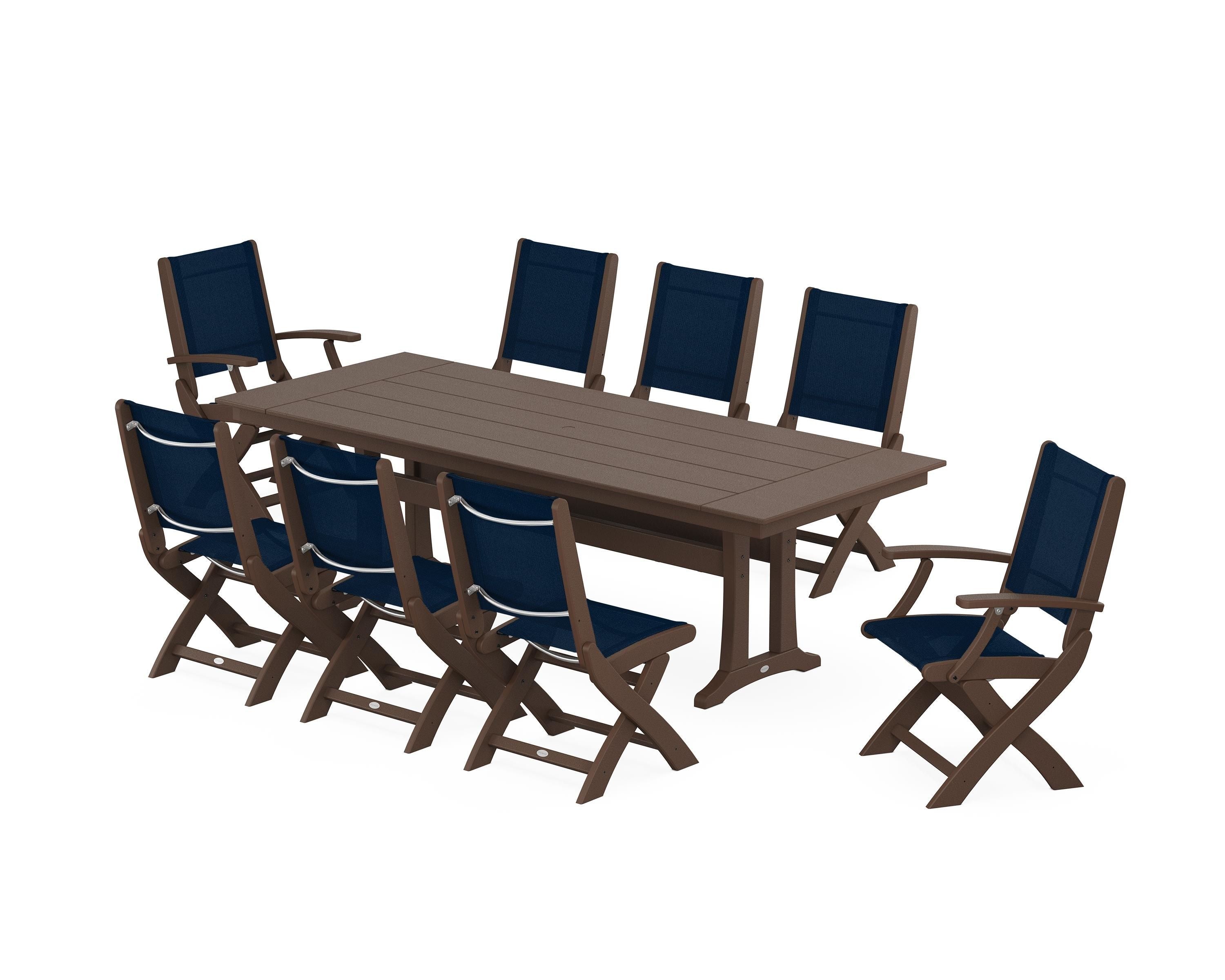 POLYWOOD® Coastal 9-Piece Folding Dining Chair Farmhouse Dining Set with Trestle Legs in Mahogany / Navy Blue Sling