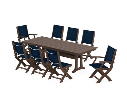 POLYWOOD® Coastal 9-Piece Folding Dining Chair Farmhouse Dining Set with Trestle Legs in Mahogany / Navy Blue Sling