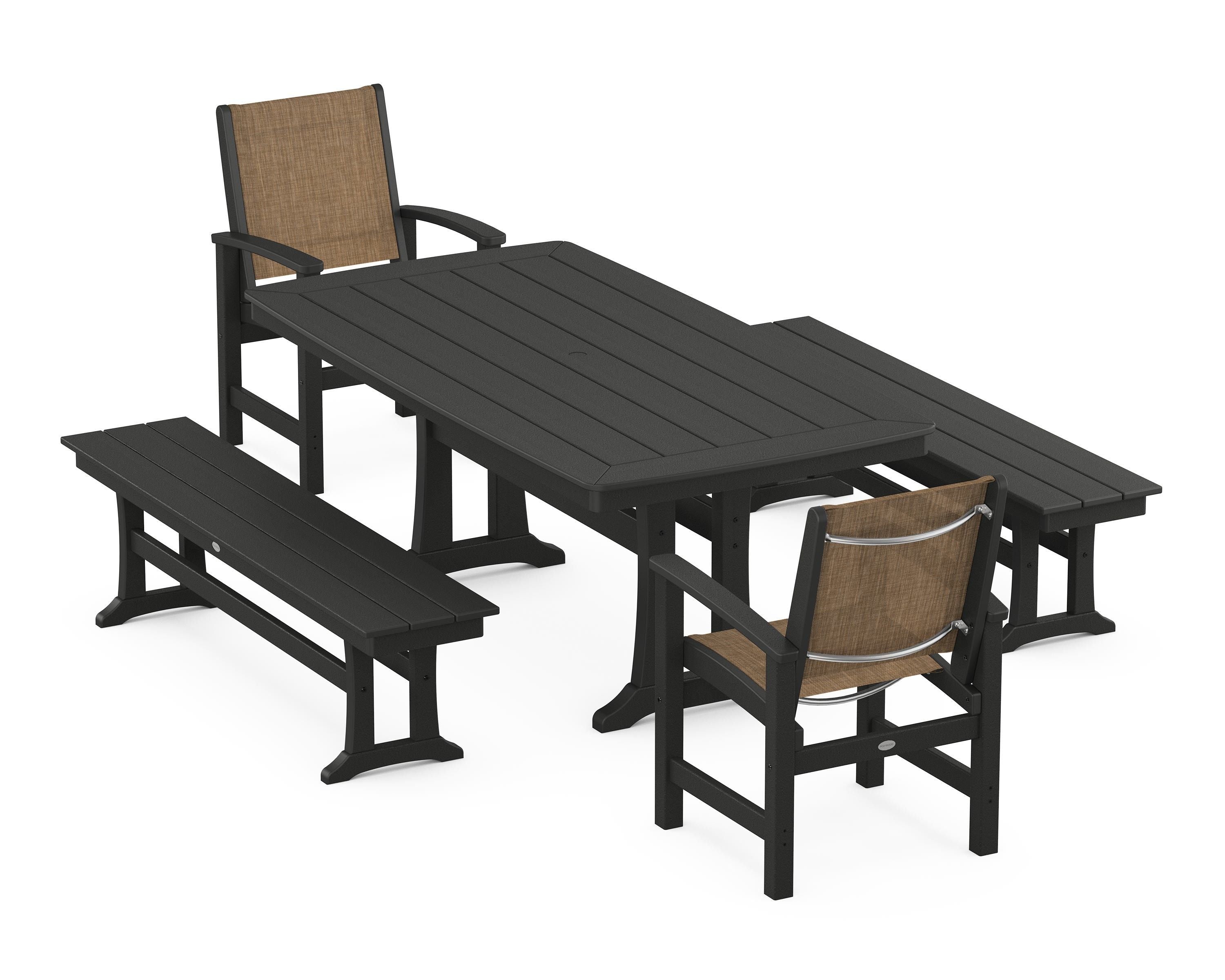 POLYWOOD® Coastal 5-Piece Dining Set with Trestle Legs and Benches in Black / Burlap Sling