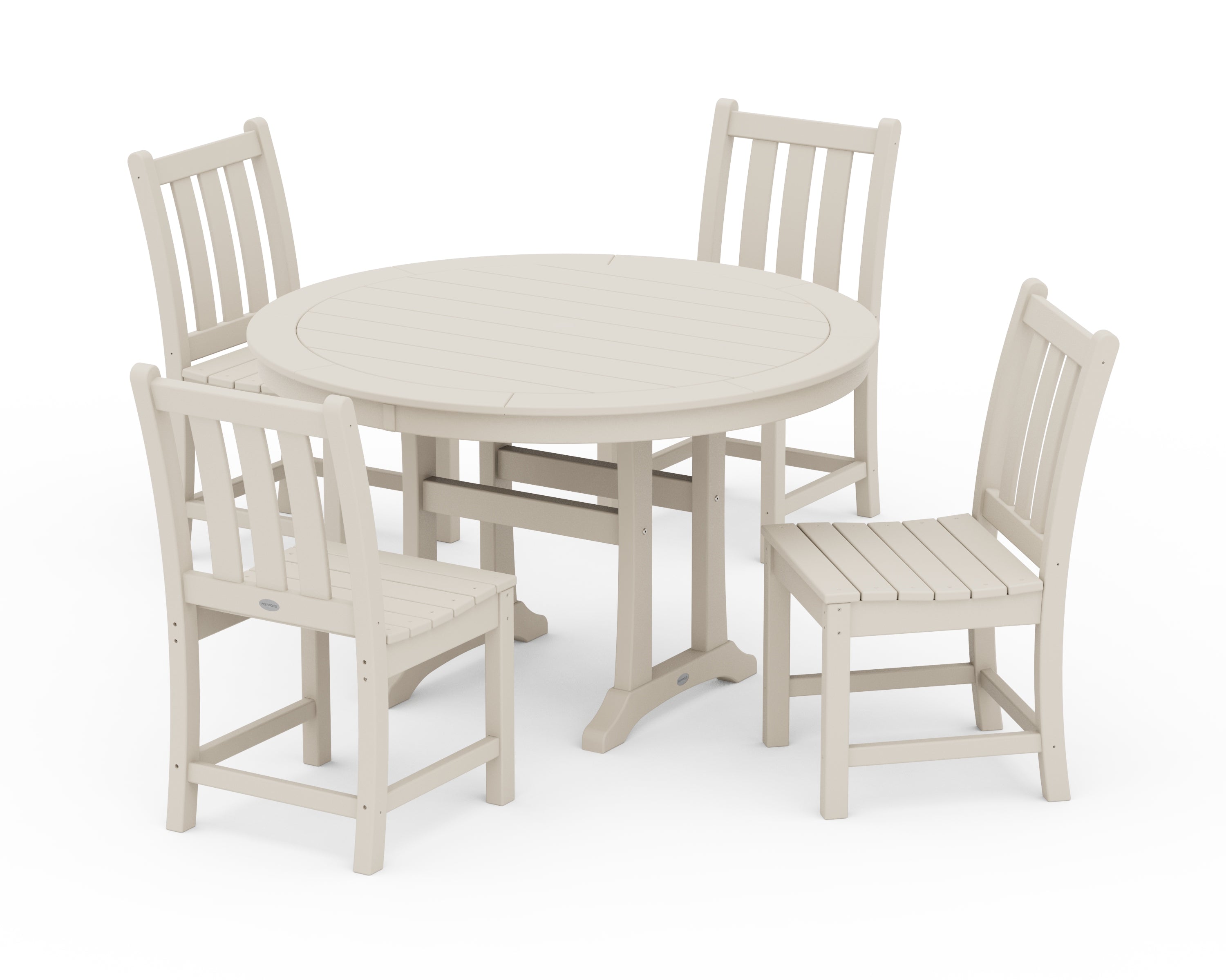 POLYWOOD® Traditional Garden Side Chair 5-Piece Round Dining Set With Trestle Legs in Sand