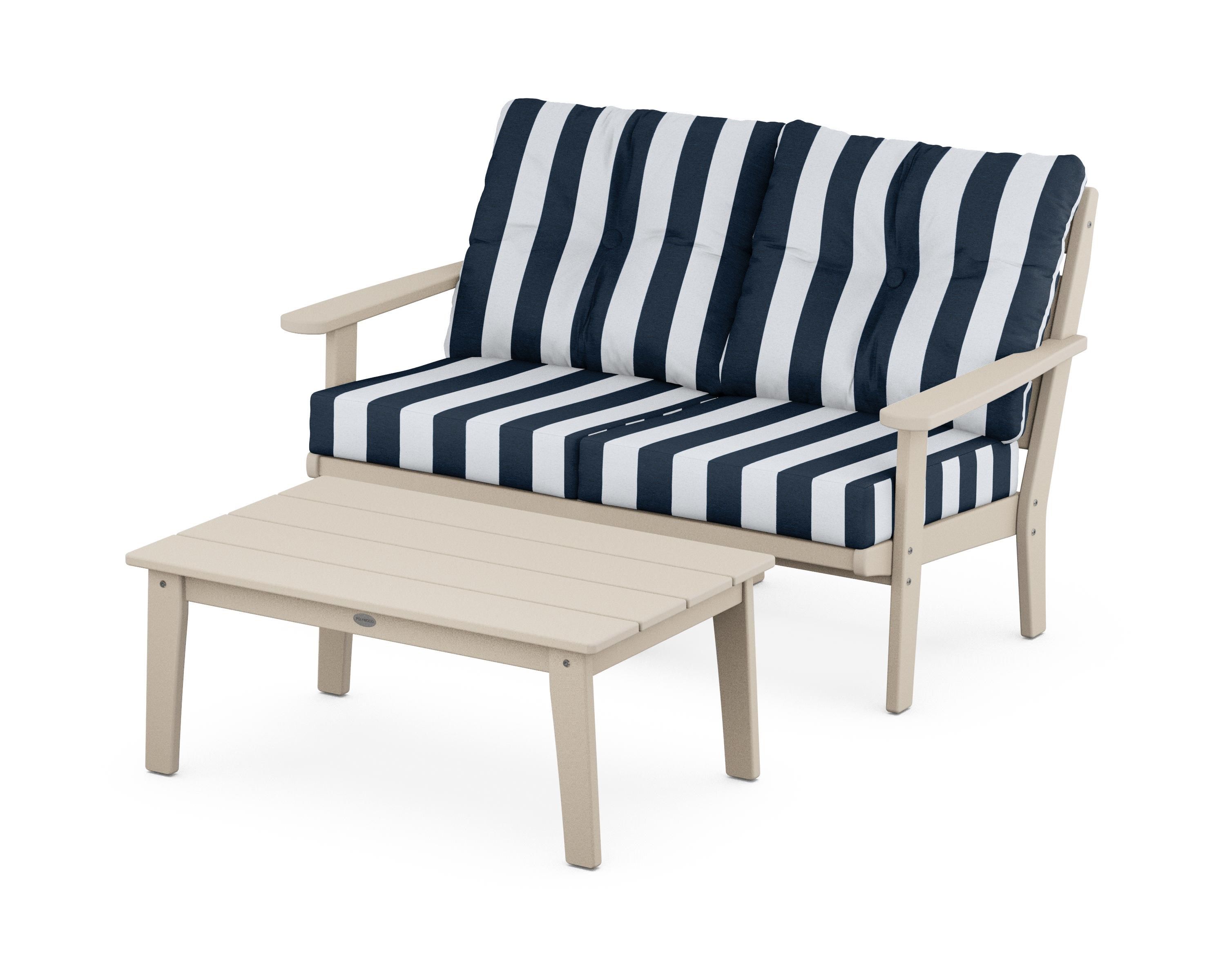 POLYWOOD® Lakeside 2-Piece Lounge Loveseat Set in Sand / Cabana Stripe Marine Indigo