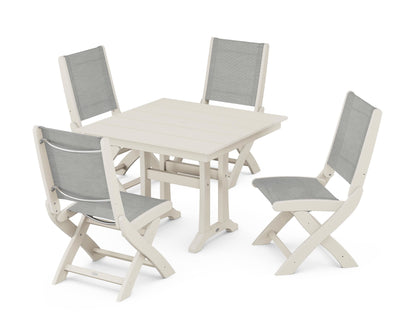 POLYWOOD® Coastal Folding Side Chair 5-Piece Farmhouse Dining Set With Trestle Legs in Sand / Metallic Sling