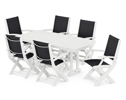 POLYWOOD® Coastal Folding Arm Chair 7-Piece Dining Set in White / Black Sling