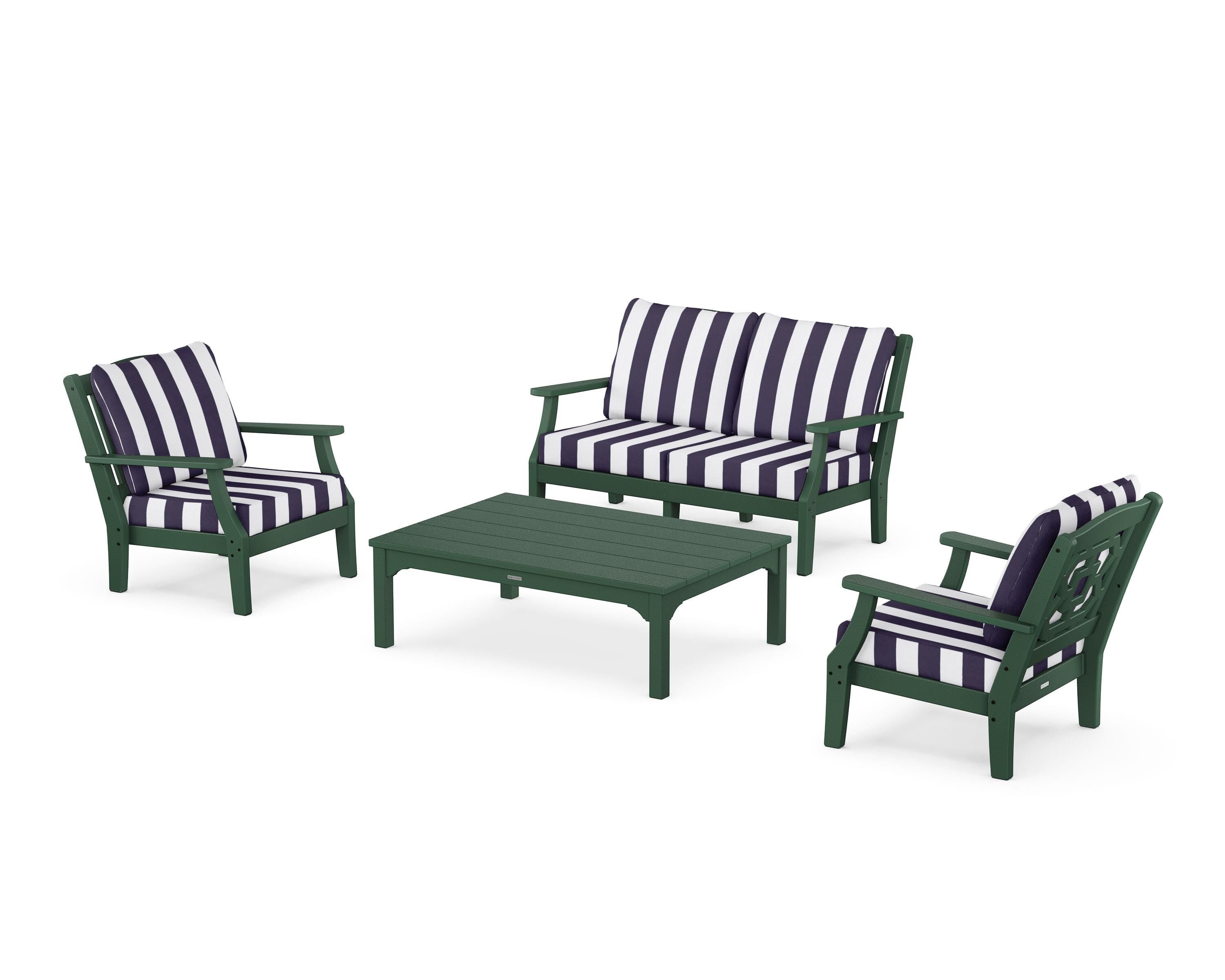 Martha Stewart by POLYWOOD® Chinoiserie 4-Piece Deep Seating Set with Loveseat in Green / Cabana Stripe Navy