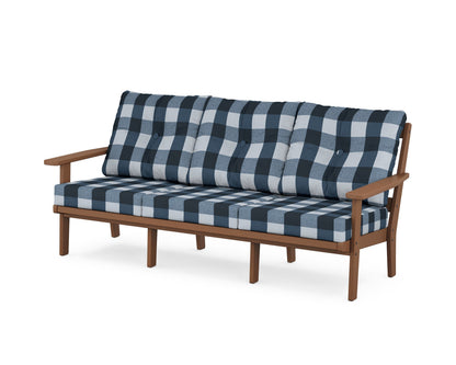 POLYWOOD® Oxford Deep Seating Sofa in Teak / Buffalo Plaid Marine Indigo