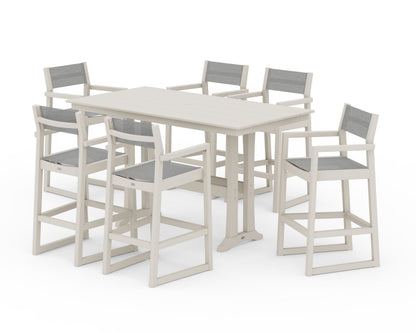 POLYWOOD® EDGE Sling Arm Chair 7-Piece Farmhouse Bar Set with Trestle Legs in Sand / Metallic Sling