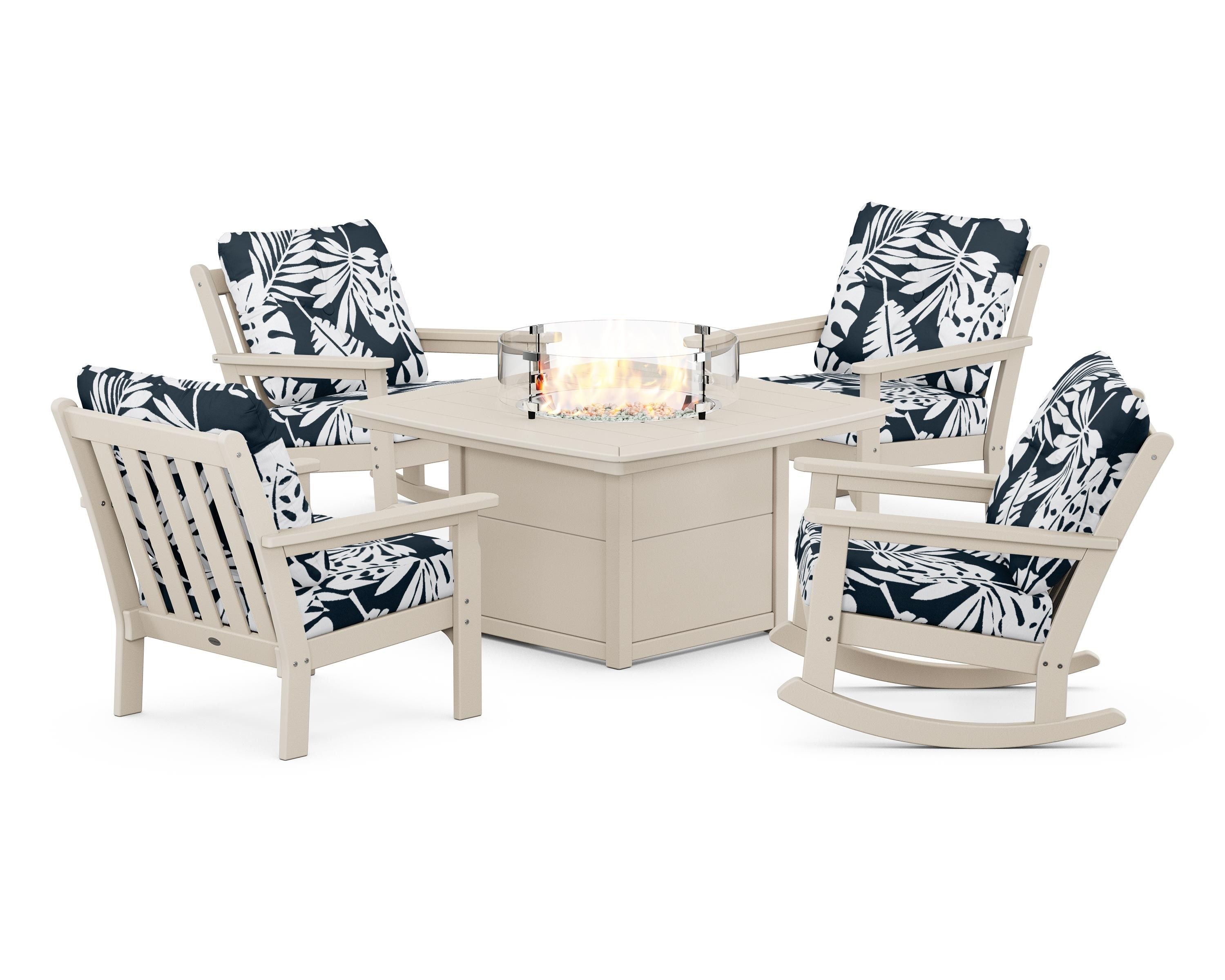 POLYWOOD® Vineyard 5-Piece Deep Seating Rocking Chair Conversation Set with Fire Pit Table in Sand / Leaf Marine Indigo