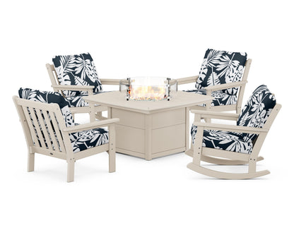 POLYWOOD® Vineyard 5-Piece Deep Seating Rocking Chair Conversation Set with Fire Pit Table in Sand / Leaf Marine Indigo