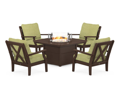 POLYWOOD® Braxton 5-Piece Deep Seating Conversation Set with Fire Pit Table in Mahogany / Chartreuse Boucle