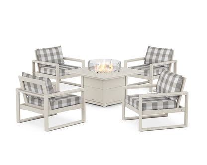 POLYWOOD® EDGE Sectional 5-Piece Deep Seating Set with Fire Pit Table in Sand / Buffalo Plaid Grey Mist