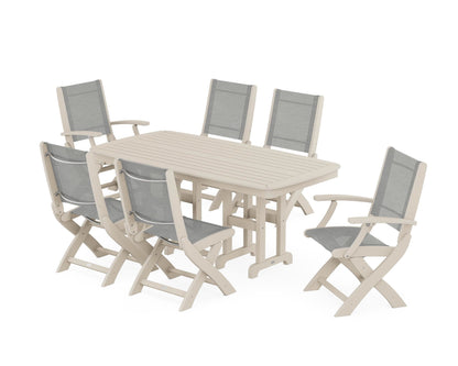 POLYWOOD® Coastal Folding Chair 7-Piece Dining Set in Sand / Metallic Sling