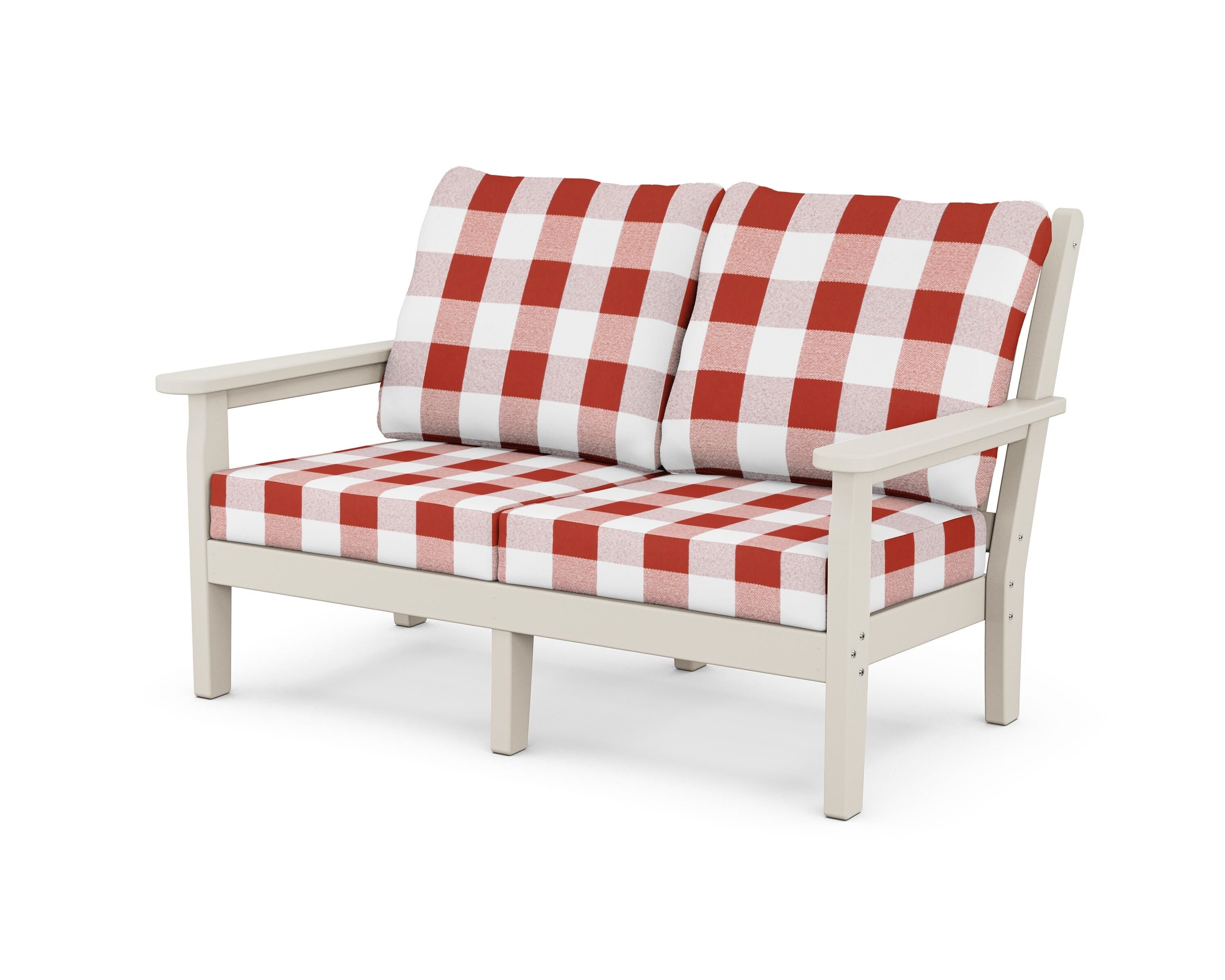 POLYWOOD® Chippendale Deep Seating Loveseat in Sand / Buffalo Plaid Crimson