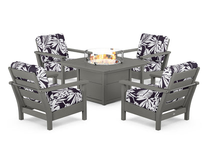 POLYWOOD® Harbour 5-Piece Conversation Set with Fire Pit Table in Slate Grey / Leaf Navy