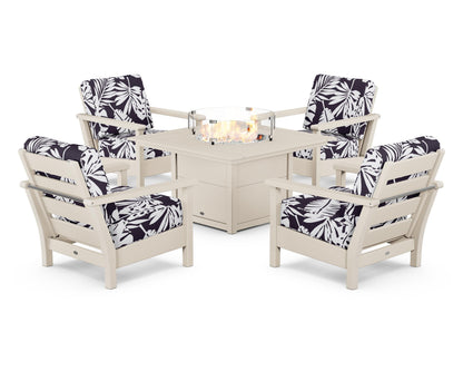 POLYWOOD® Harbour 5-Piece Conversation Set with Fire Pit Table in Sand / Leaf Navy