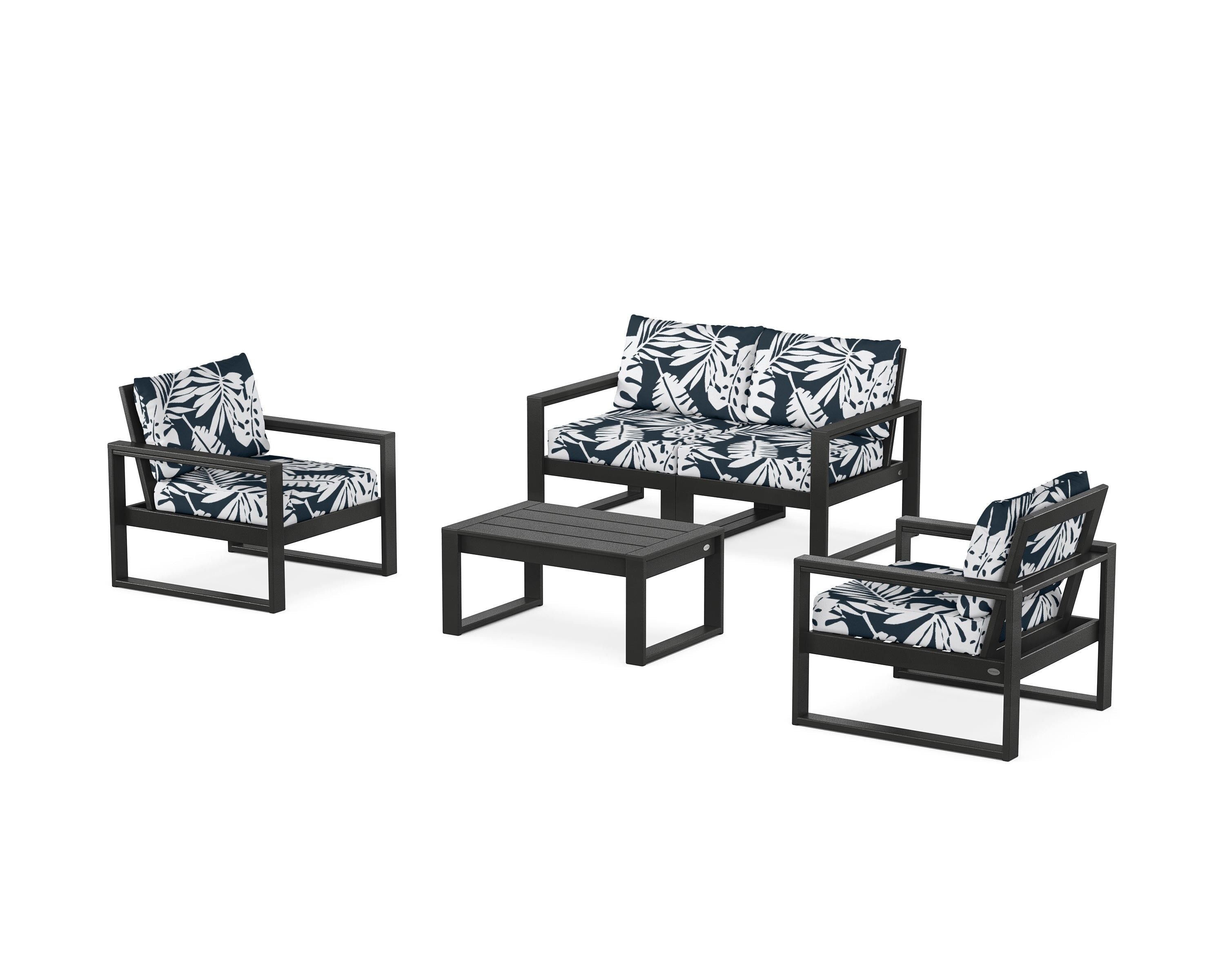 POLYWOOD® EDGE Sectional 4-Piece Deep Seating Set with Loveseat in Black / Leaf Marine Indigo