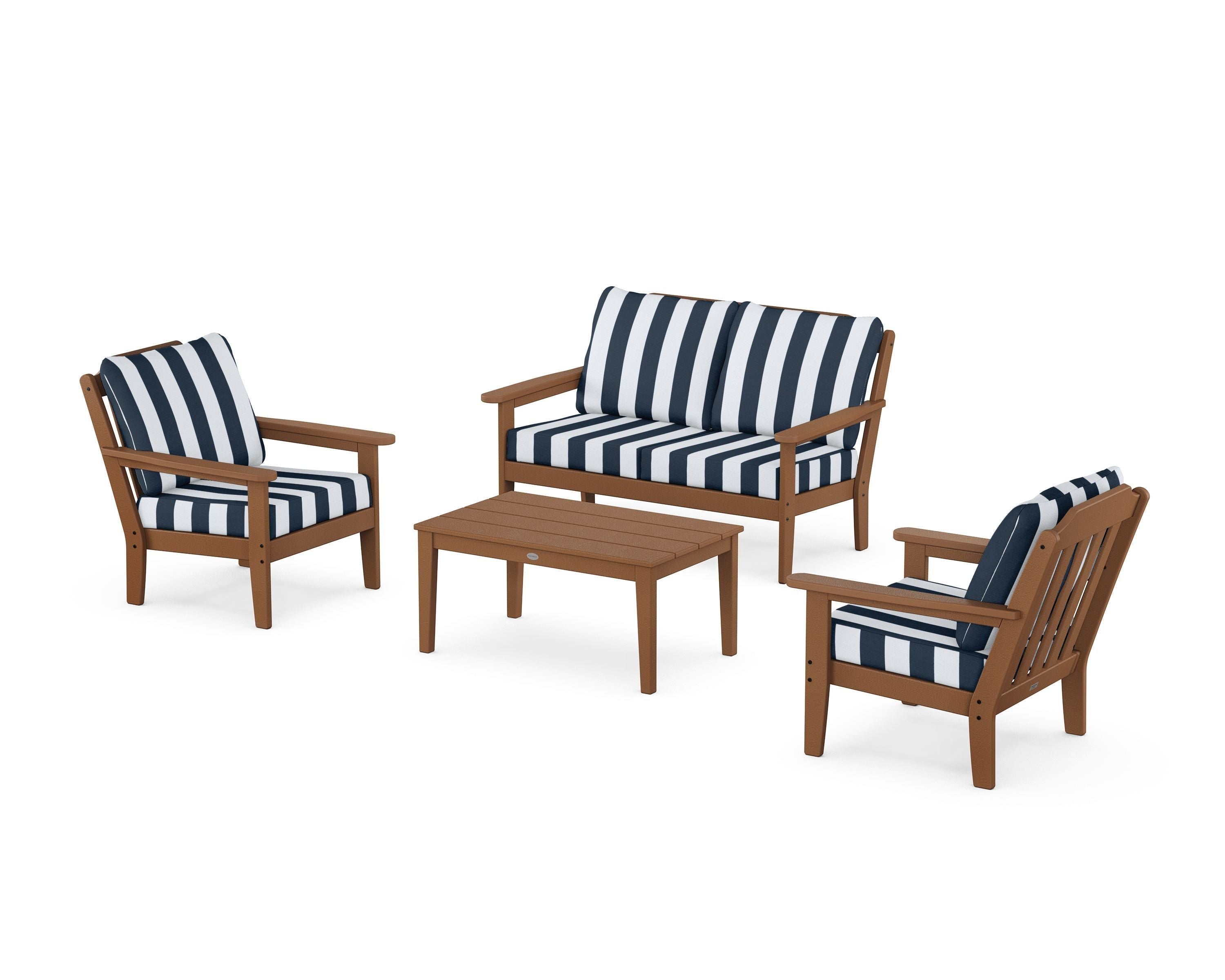 Country Living Cottage 4-Piece Deep Seating Set with Loveseat in Teak / Cabana Stripe Marine Indigo