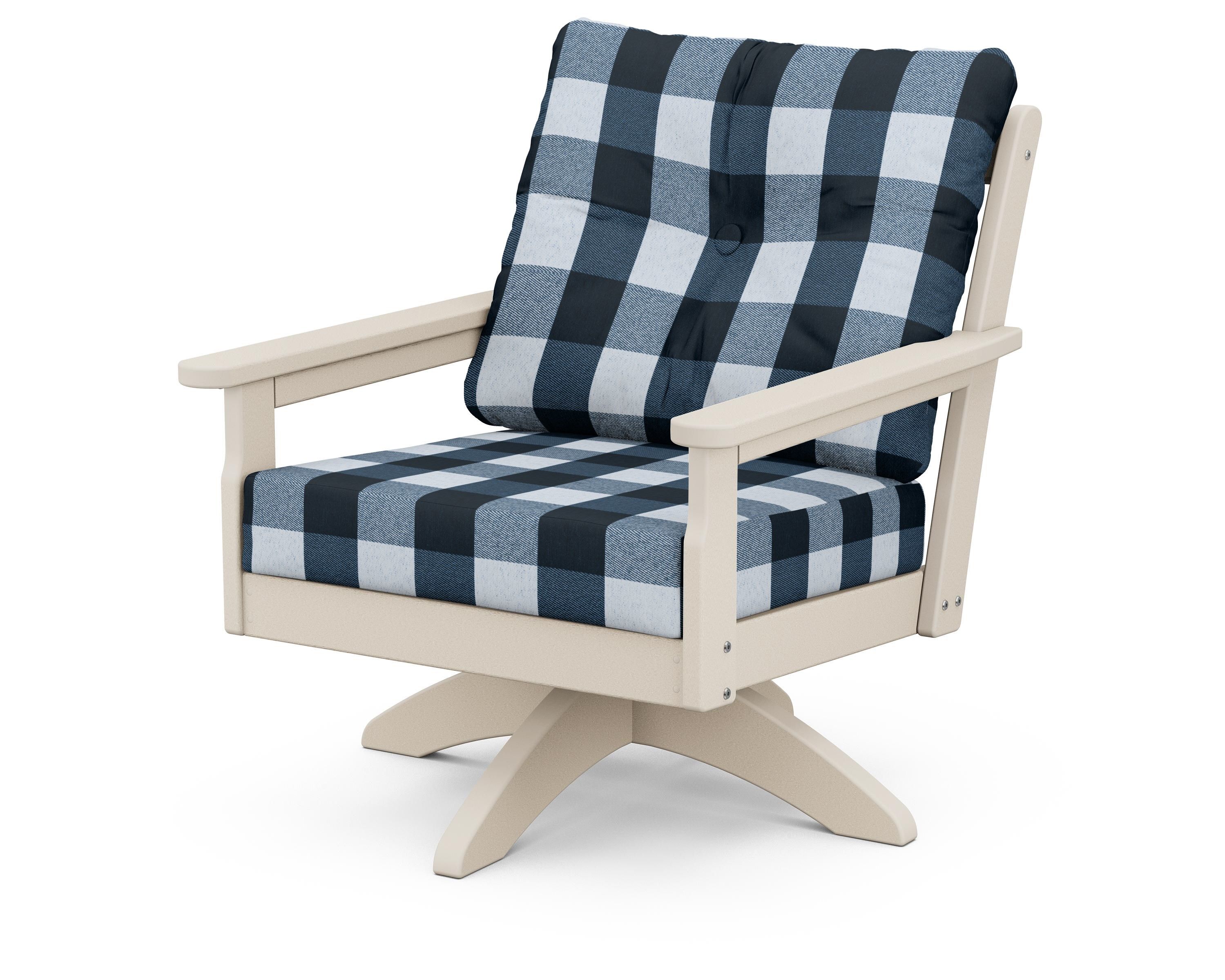 POLYWOOD® Vineyard Deep Seating Swivel Chair in Sand / Buffalo Plaid Marine Indigo