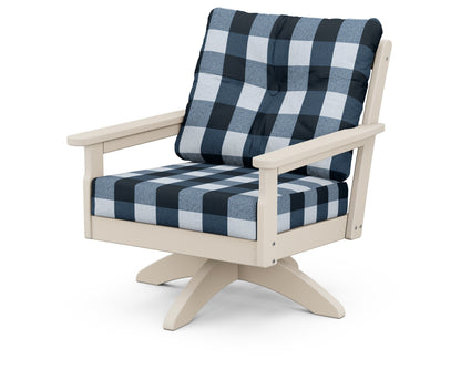 POLYWOOD® Vineyard Deep Seating Swivel Chair in Sand / Buffalo Plaid Marine Indigo