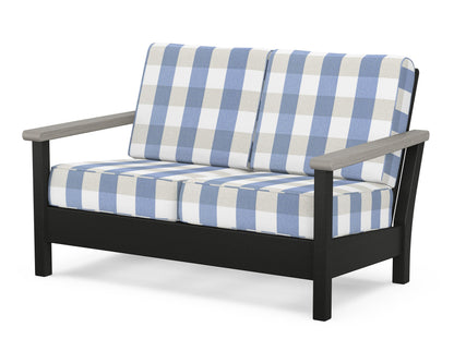 POLYWOOD® Harbour Deep Seating Loveseat in Black / Driftwood / Buffalo Plaid Sky Blue