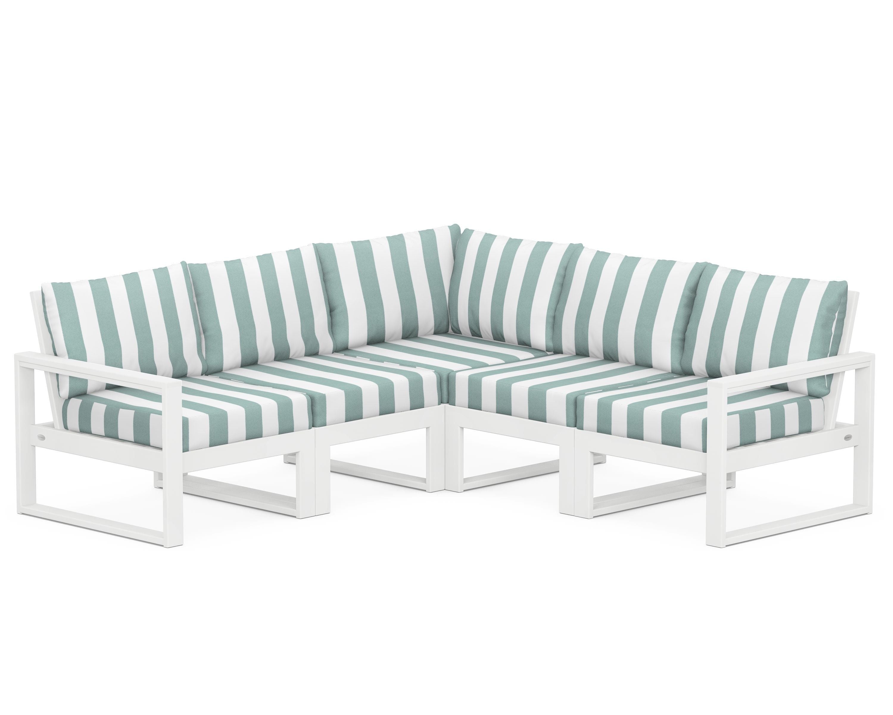 POLYWOOD® EDGE 5-Piece Modular Deep Seating Set in White / Cabana Stripe Glacier Spa