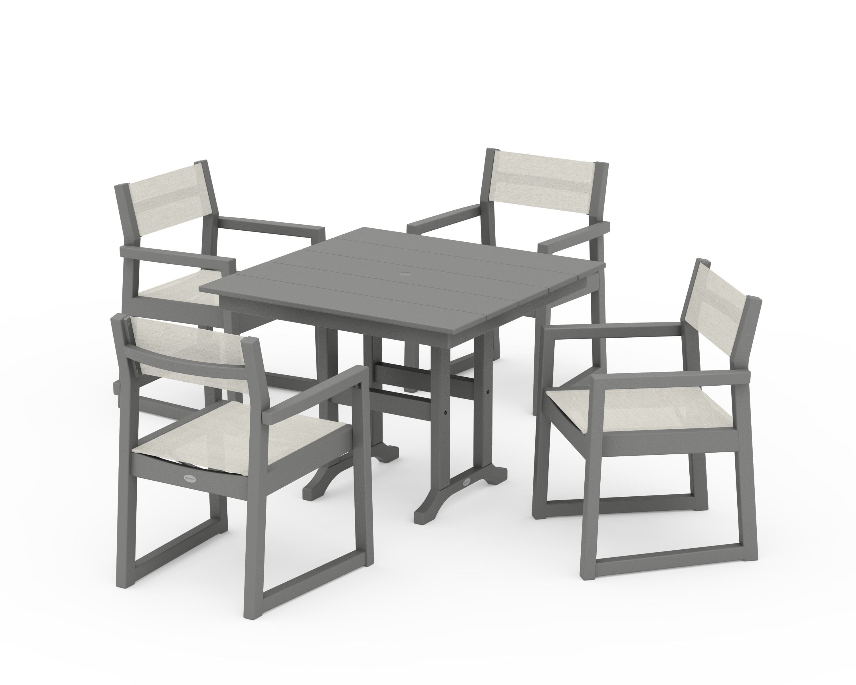 POLYWOOD® EDGE Sling Arm Chair 5-Piece Farmhouse Dining Set in Slate Grey / Parchment Sling