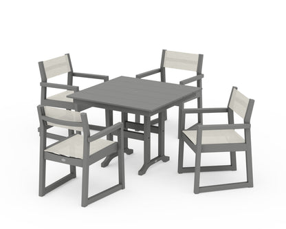 POLYWOOD® EDGE Sling Arm Chair 5-Piece Farmhouse Dining Set in Slate Grey / Parchment Sling